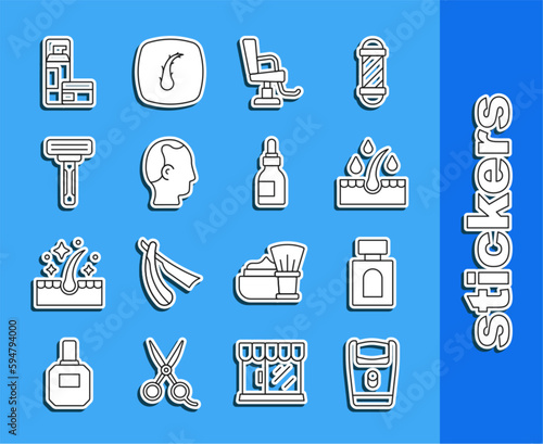 Set line Electric razor blade, Aftershave, Oil for hair care treatment, Barbershop chair, Baldness, Shaving, gel foam and bottle icon. Vector