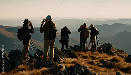 Young adults hiking mountain peak  photographing nature generated by AI