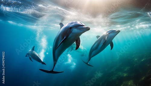 Playful bottle nosed dolphin jumping in tropical waters generated by AI © Jeronimo Ramos