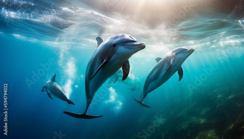 Playful bottle nosed dolphin jumping in tropical waters generated by AI