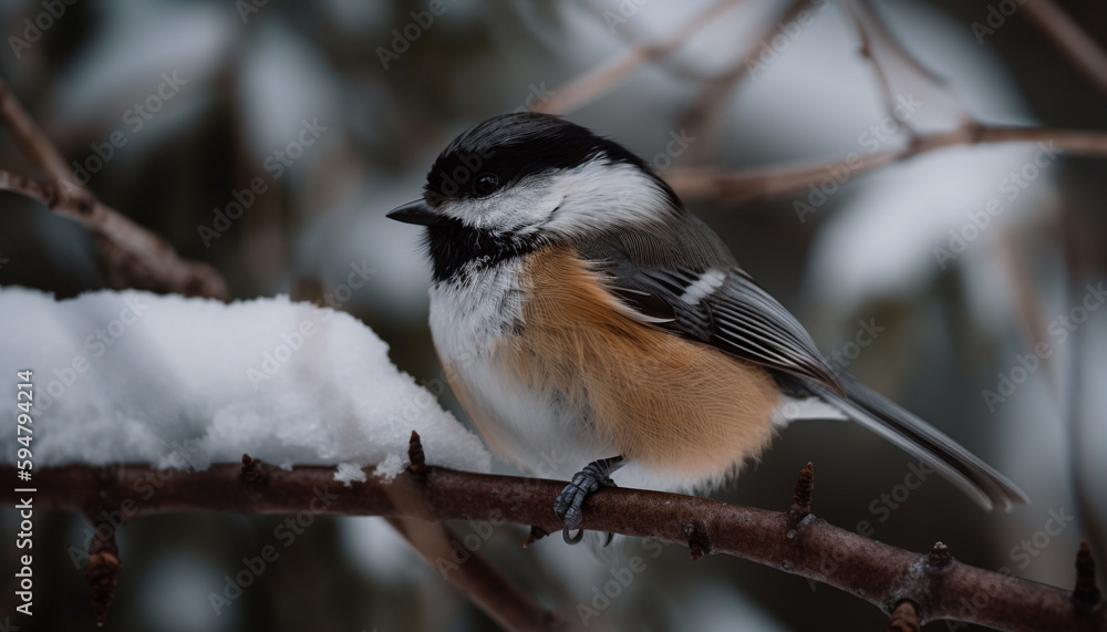 Fototapeta premium Great tit perched on winter tree branch generated by AI