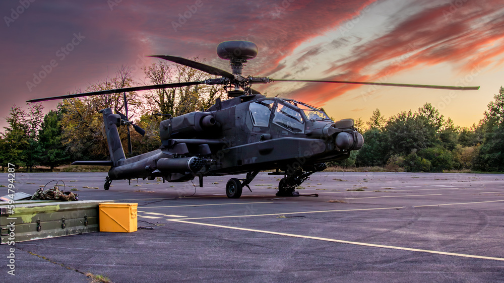 Apache military attack helicopter on the ground. Forward landing ground. Apache military attack helicopter on the ground. Forward landing ground.