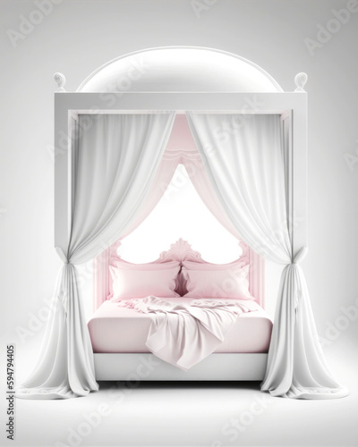 Elegant bedroom with a luxurious white canopy bed, with Pink Details, and intricate designs, offering tranquility, comfort, and sophisticated relaxation. Generative AI