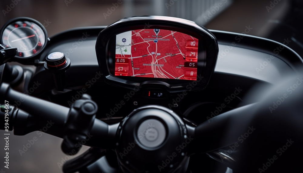Speedometer reflecting chrome dashboard inside futuristic sports car generated by AI