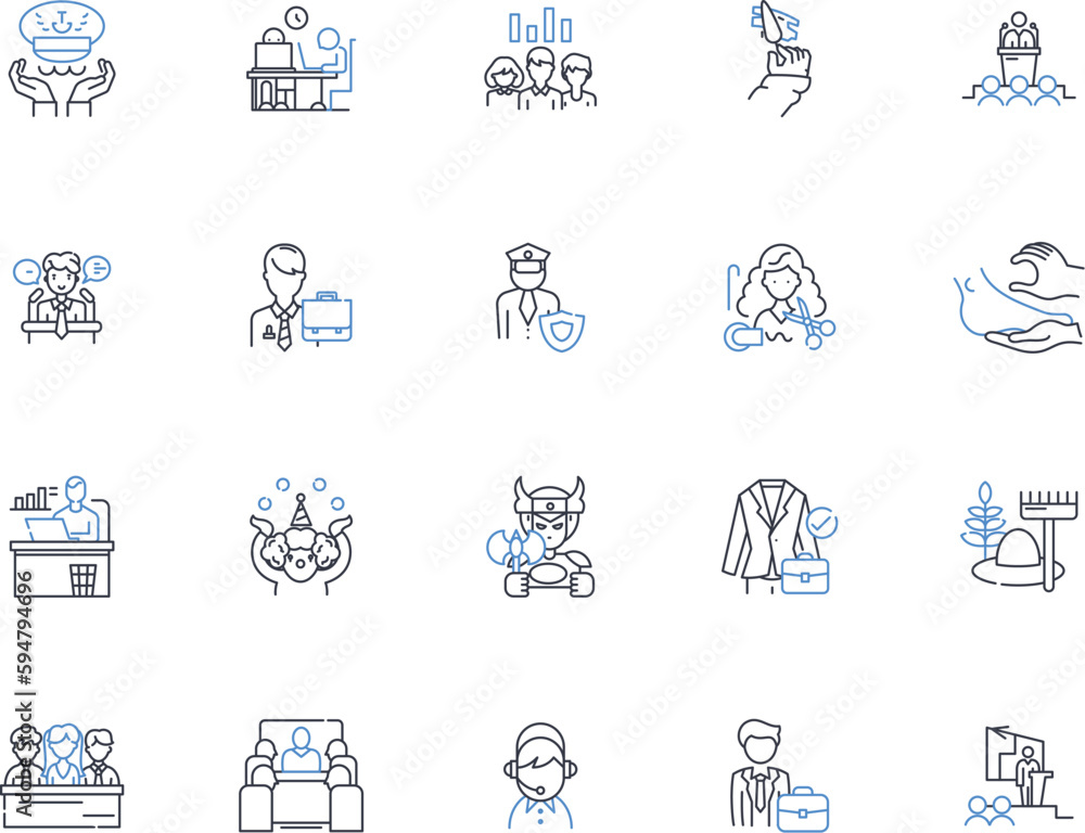 Business roles line icons collection. Managerial, Operational, Executive, Financial, Administrative, Sales, Marketing vector and linear illustration. Human resources,Procurement,Leadership outline