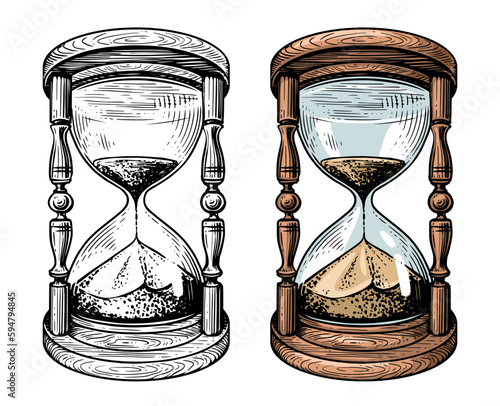 Hourglass, sandglass sketch. Old sand timer vintage vector illustration