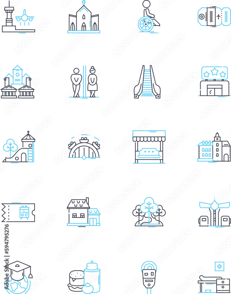 Municipality linear icons set. Governance, Services, Infrastructure, Planning, Development, Growth, Sustainability line vector and concept signs. Environment,Parks,Recreation outline illustrations