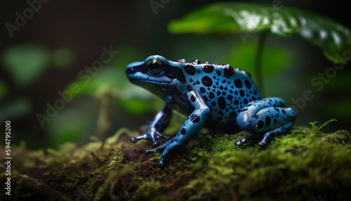 Spotted poison arrow frog sitting in wet grass generated by AI