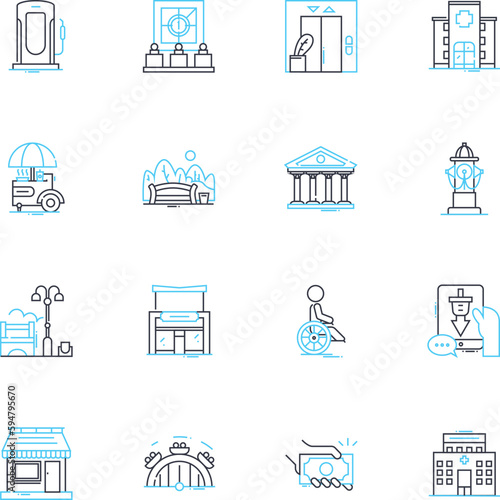 Advanced metropolis linear icons set. Sprawling, High-tech, Futuristic, Complex, Sophisticated, Dynamic, Progressive line vector and concept signs. Vibrant,Diverse,Global outline illustrations