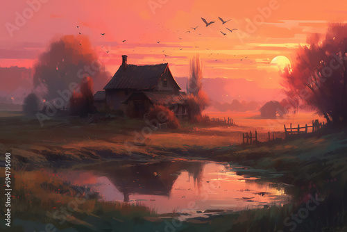 Beautiful view of a old simple cabin or house with a river nearby a meadow and hills at sunset. Beautiful serene rustic landscape illustration. Ai generated