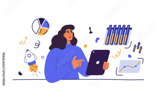 Woman with tablet planning. Data analytic. Business strartup abstract concept. Outline flat minimal style vector illustration. Website, web page, landing page template