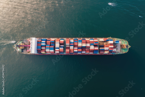 Aerial view container cargo ship in import export global business commercial trade logistic transportation of international by container cargo ship, Container cargo freight shipping at industrial port