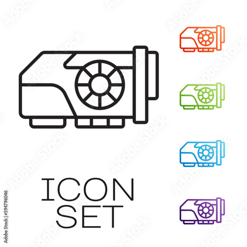 Black line Video graphic card icon isolated on white background. Set icons colorful. Vector