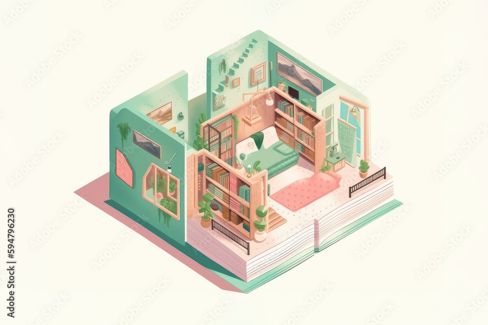 Isometric view of bedroom for children in pastel colors with bookcases and potted flowers, created with Generative AI
