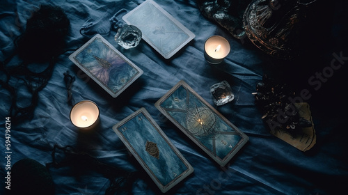 Blue Tarot and Oracle Card Backs on Vivid Blue Backgrounds in a FlatLay Spread with Healing Crystals, Stones, and Candles for a Reading and Divination - Generative AI