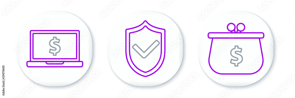 Set line Wallet with with dollar symbol, Laptop and Shield check mark icon. Vector Set line Wallet with with dollar symbol, Laptop and Shield check mark icon. Vector
