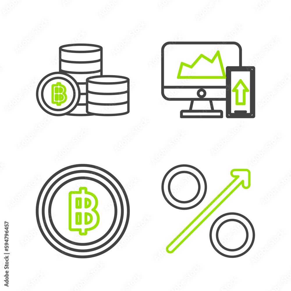 Set line Percent up arrow, Cryptocurrency coin Bitcoin, Financial chart or graph on the computer monitor and mobile phone and icon. Vector Set line Percent up arrow, Cryptocurrency coin Bitcoin, Financial chart or graph on the computer monitor and mobile phone and icon. Vector