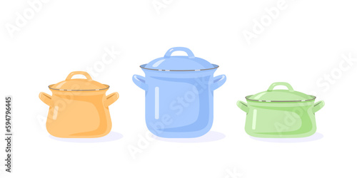 Set of enamel cooking pots with handles and lids of different sizes, heights and widths in gentle pastel colors: yellow, blue, and light green. Vector illustration of kitchen utensils, side view.  