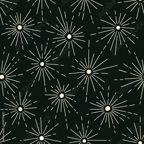 Galaxy Star Burst Hand-Drawn Vector Seamless Pattern. Festive Fireworks Background. Abstract Geometric Celebration Texture