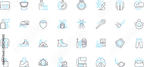 Indoor and outdoor lifestyle linear icons set. Cozy, Serene, Fresh, Natural, Vibrant, Relaxing, Adventurous line vector and concept signs. Rustic,Modern,Nostalgic outline illustrations