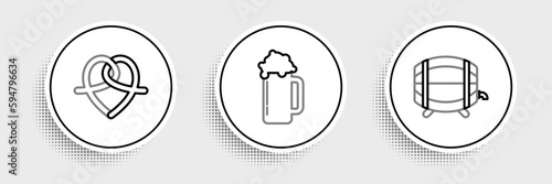 Set line Wooden barrel on rack with stopcock, Pretzel and Glass of beer icon. Vector