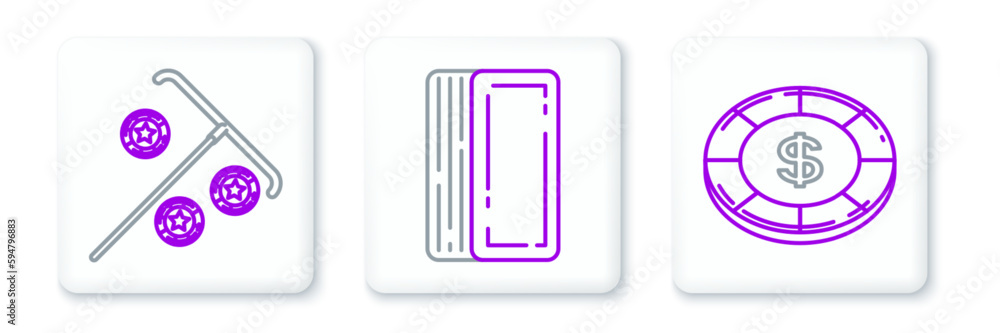 Set line Casino chip with dollar symbol, Stick for chips and Deck of playing cards icon. Vector Set line Casino chip with dollar symbol, Stick for chips and Deck of playing cards icon. Vector