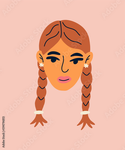 Portrait of cute brunette woman with stud earrings with daisies. Avatar of European female character isolated on background. Hand drawn vector illustration for postcards, posters, social network.