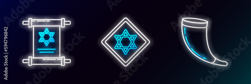 Set line Traditional ram horn, shofar, Torah scroll and Star David icon. Glowing neon. Vector