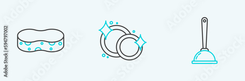Set line Toilet plunger, Sponge and Washing dishes icon. Vector