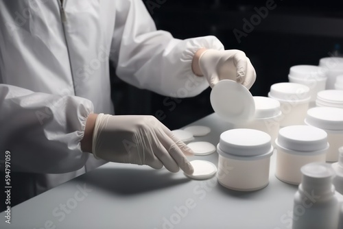 Production and packaging of cosmetic products. the hands of a factory worker in gloves and a bathrobe who is holding a plastic jar filling it with white face or body cream.Generative AI