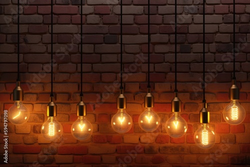 Antique wall lamps with exposed light bulbs adorn a red brick wall Generative Ai