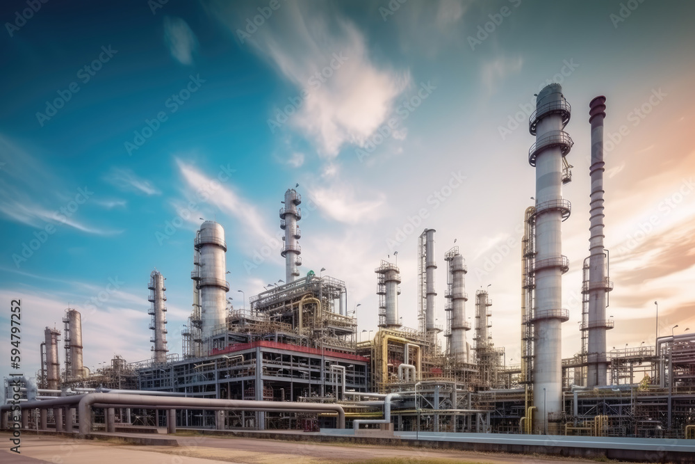 Oil refinery plant from industry zone, Oil and gas petrochemical industrial with tree and blue sky background, Refinery factory oil storage tank and pipeline steel, Ecosystem and healthy environment