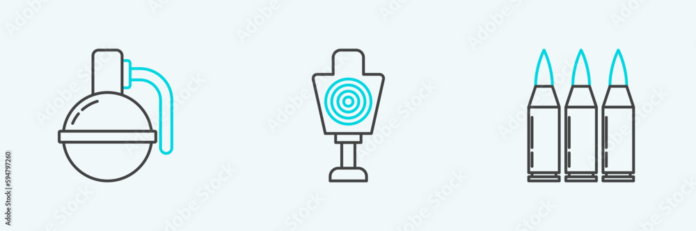 Set line Bullet, Hand grenade and Human target sport for shooting icon. Vector