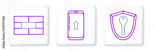 Set line Shield with key, Bricks and Smartphone lock icon. Vector