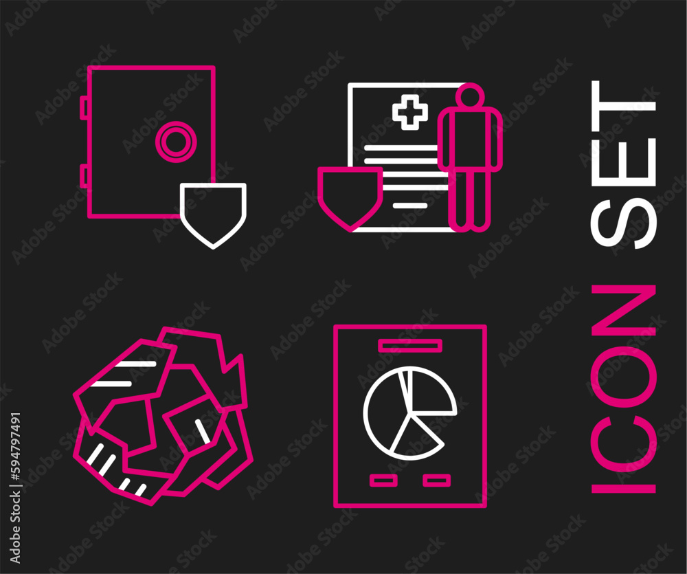 Set line Document with graph chart, Crumpled paper ball, Medical clipboard clinical record and Safe shield icon. Vector Set line Document with graph chart, Crumpled paper ball, Medical clipboard clinical record and Safe shield icon. Vector