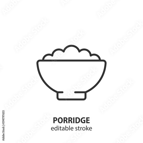 Porridge bowl line icon. Plate of oatmeal. Breakfast vector outline illustration. Editable stroke.