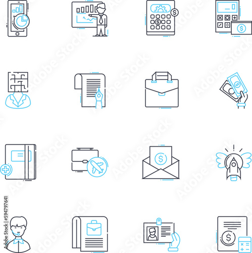 Trade policy linear icons set. Export, Import, Tariffs, Quotas, Protectionism, Free trade, Trade agreements line vector and concept signs. Sanctions,Dispute resolution,WTO outline illustrations