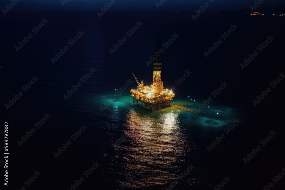 Fototapeta premium Aerial view construction offshore jack up rig drill at night, Offshore crane crude oil rig drilling platform