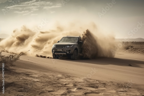 Motion the wheels tires off road dust cloud in desert  Offroad vehicle bashing through sand in the desert
