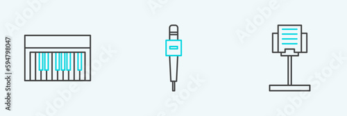 Set line Music stand, synthesizer and Microphone icon. Vector