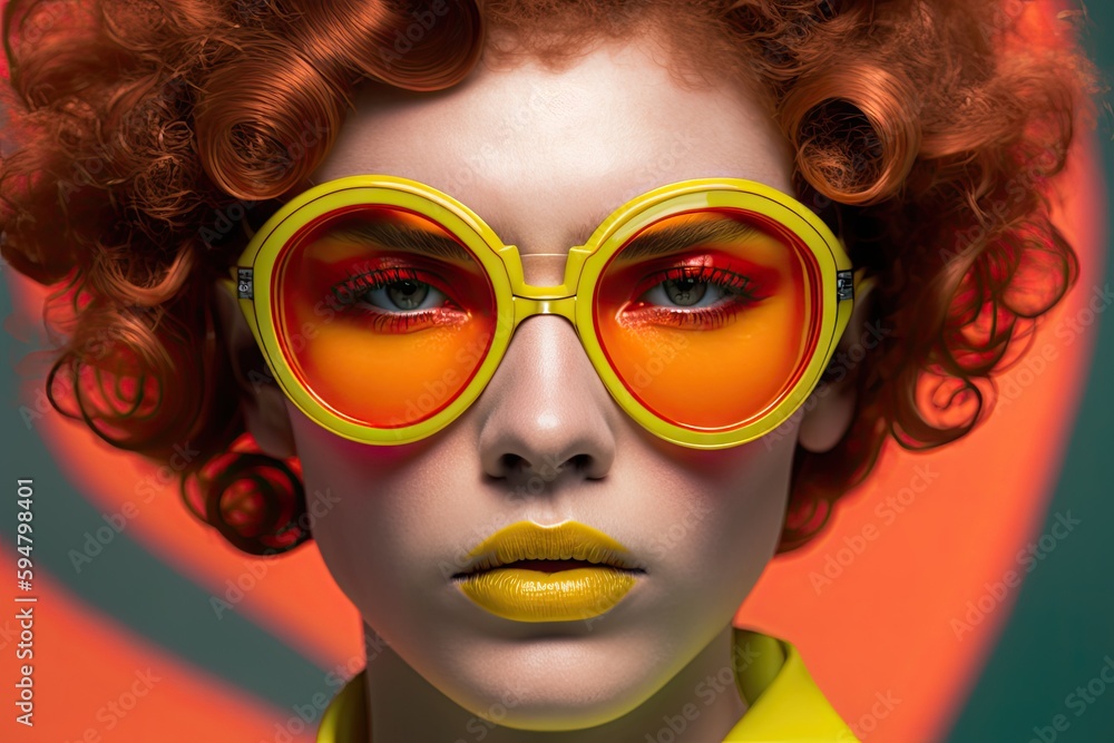 Fototapeta premium a woman with red hair and yellow glasses Generative AI