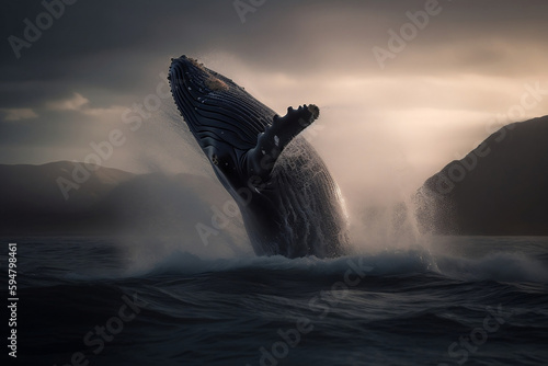 Whale jumping out of the sea. AI-generated  © Gal