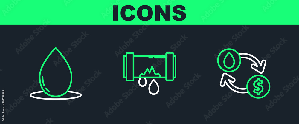 Set line Oil exchange, water transfer, convert, drop and Broken metal pipe with leaking icon. Vector Set line Oil exchange, water transfer, convert, drop and Broken metal pipe with leaking icon. Vector