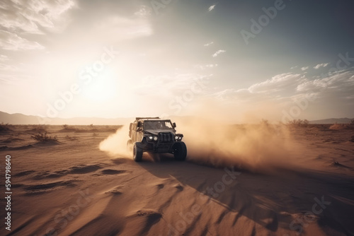 Off road vehicle motion the wheels tires off road dust cloud in desert, Offroad vehicle bashing through sand in the desert, off oad racing © Kateryna