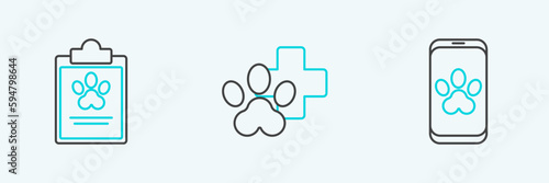 Set line Online veterinary clinic symbol, Clipboard with medical clinical record pet and Veterinary icon. Vector