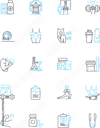Physical wellness linear icons set. Fitness, Health, Exercise, Nutrition, Strength, Flexibility, Endurance line vector and concept signs. Agility,Balance,Wellness outline illustrations