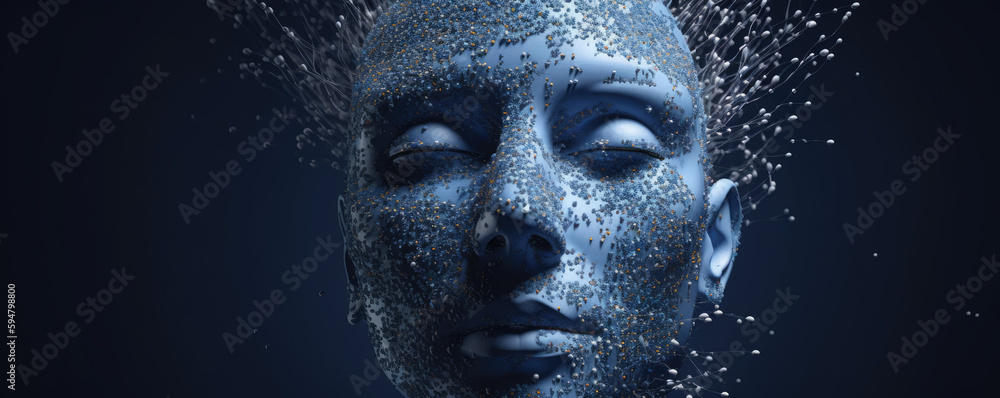 Close-up on a blue and grey android face made with electronic components and circuits, artificial intelligence concept, generative ai illustration Close-up on a blue and grey android face made with electronic components and circuits, artificial intelligence concept, generative ai illustration