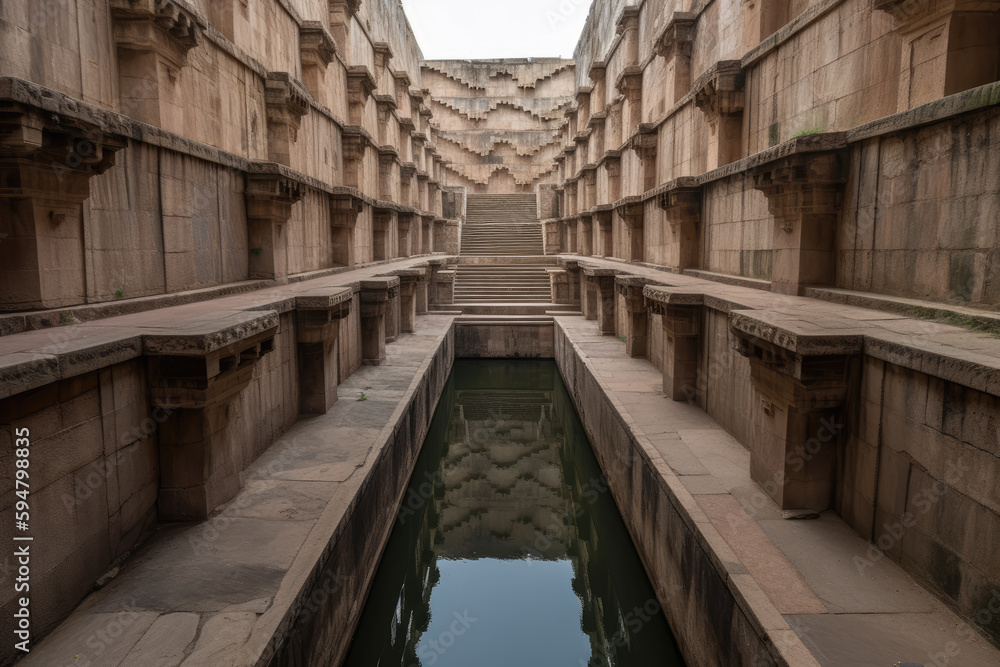 Obraz premium Ancient Indian step well in Jaipur, India, Architecture of stairs at Abhaneri Baori step well in Jaipur, Rajasthan, India