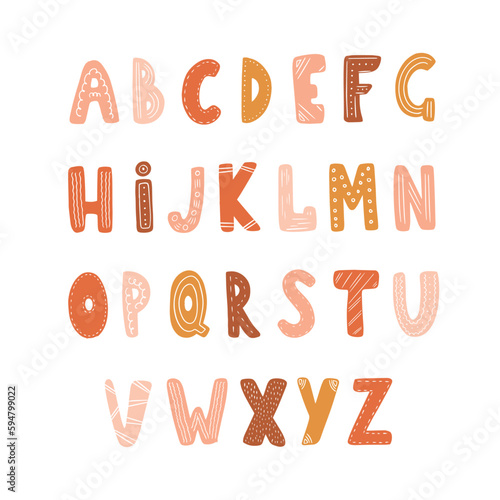Educational alphabet in montessori bohemian style for nursery rooms. Creative Kids font. Funky font for posters, nursery, clothing or clothing.