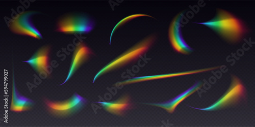 Refractions set, leak flare overlay, rainbow sunlight effect, holographic rays collection isolated on a black background. Blurred bokeh retro photo texture, vintage camera glare. Vector illustration.